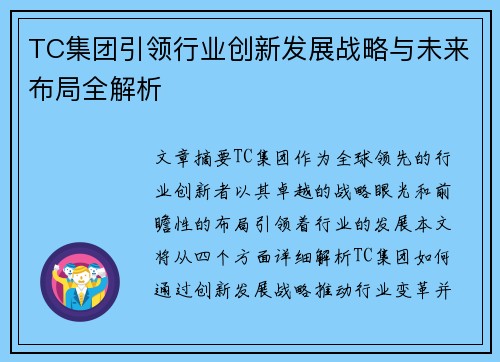 TC集团引领行业创新发展战略与未来布局全解析