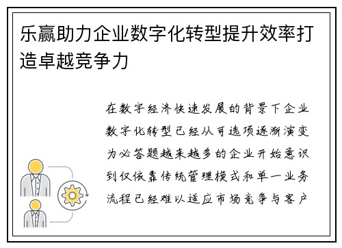 乐赢助力企业数字化转型提升效率打造卓越竞争力