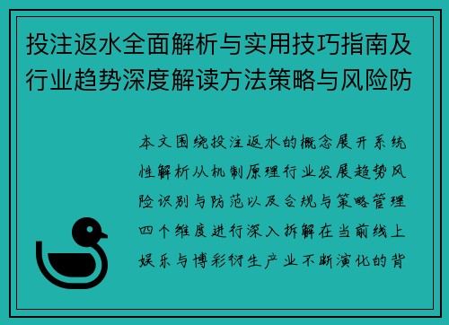 投注返水全面解析与实用技巧指南及行业趋势深度解读方法策略与风险防范分析