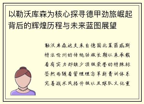 以勒沃库森为核心探寻德甲劲旅崛起背后的辉煌历程与未来蓝图展望